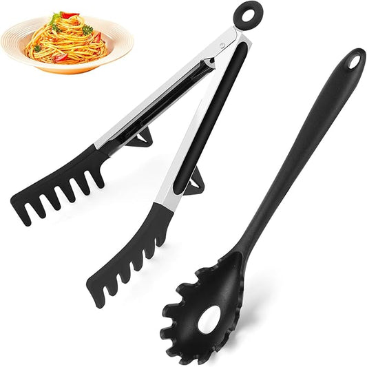 Upgraded Silicone Spaghetti Spoon and Pasta Tong Set – Sturdy Pasta Fork with Teeth, Noodle Spoon Server, and Multi-Purpose Tongs for Cooking and Serving