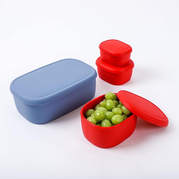 BLUE GINKGO Nesting Silicone Containers - Set of 3 Hard-Shell Silicone Food Storage Containers | BPA Free, Airtight, Dishwasher and Freezer Safe (6.7oz, 10oz, 20oz) - Red