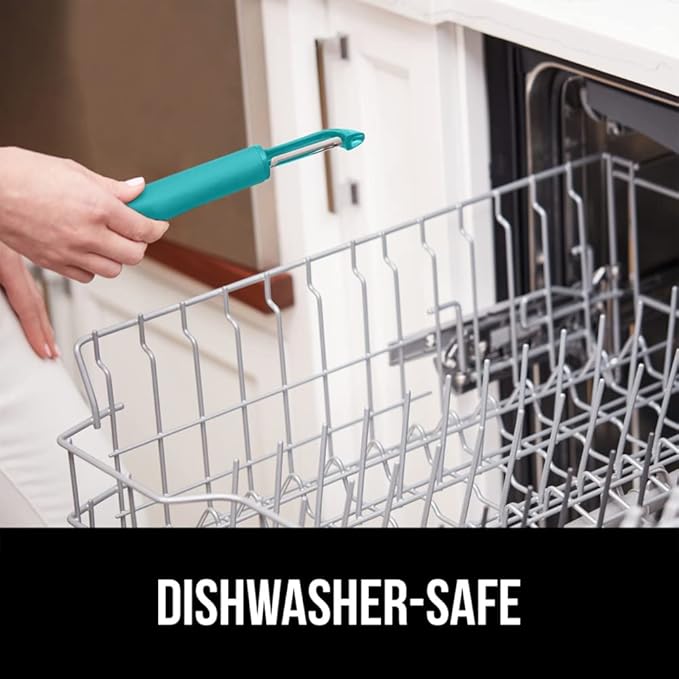 GORILLA GRIP Patented BPA-Free Sharp Stainless Steel Dual Swivel Vegetable Peeler, Soft Comfortable Handle, Smoothly Peel Apples Potatoes Carrots, Includes Blade Cover, Kitchen Tool Peelers, Turquoise