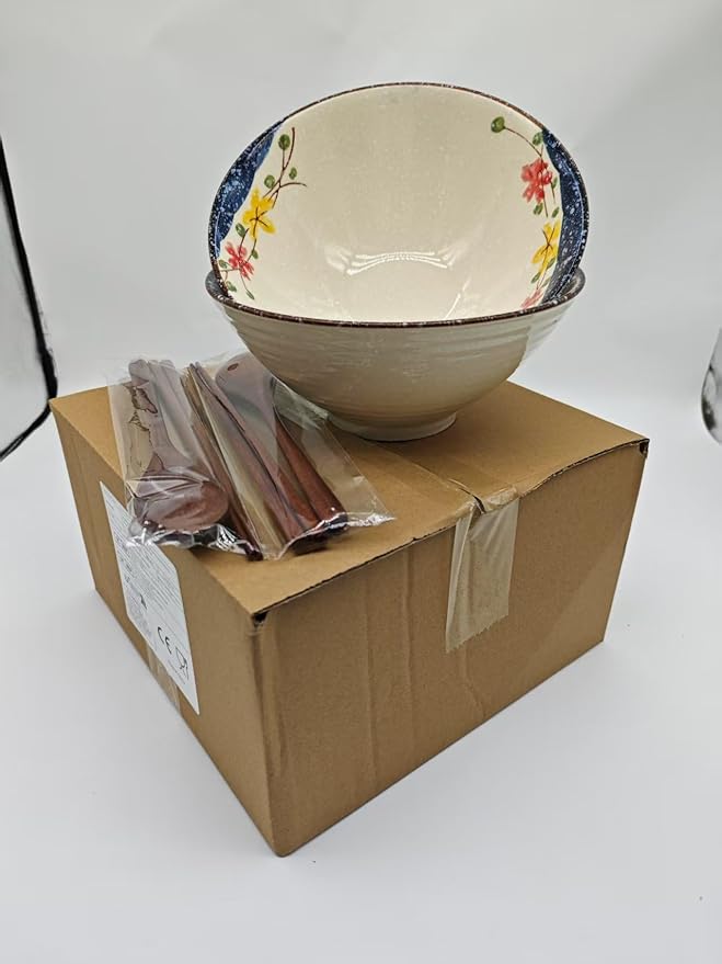 2 x 40 OZ ceramic ramen bowls, 8 IN large Japanese noodle soup bowl, match chopsticks and spoons, suitable for Pho, Udon Asian noodles (Colorful flowers 2 set)