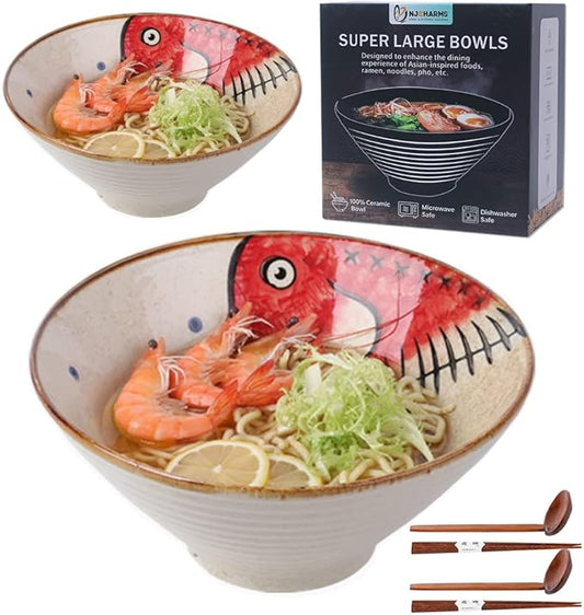 NJCHARMS Ceramic Japanese Ramen Noodle Soup Bowl, 2 Sets (6 Piece) 60 Ounce, with Matching Spoon and Chopsticks for Udon Soba Pho Asian Noodles, Red