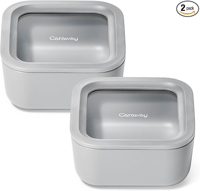 Caraway 2pc Glass Food Storage Set - 4.4 Cup Food Containers (2) - Ceramic Coated - Non Toxic, Non Stick Lunch with Lids - Dishwasher, Oven, & Microwave Safe - Gray
