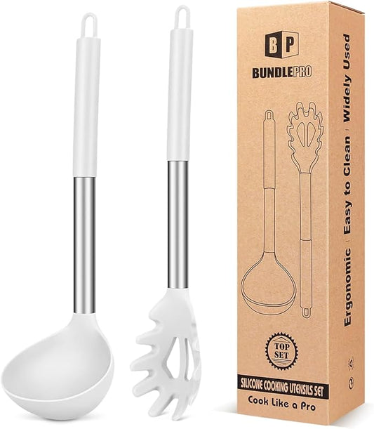 Silicone Pasta Fork and Ladle Spoon Set, Large Non Stick Kitchen Utensils for Cooking,Stirring,Serving Spaghetti, Soup, Sauce (WHITE)
