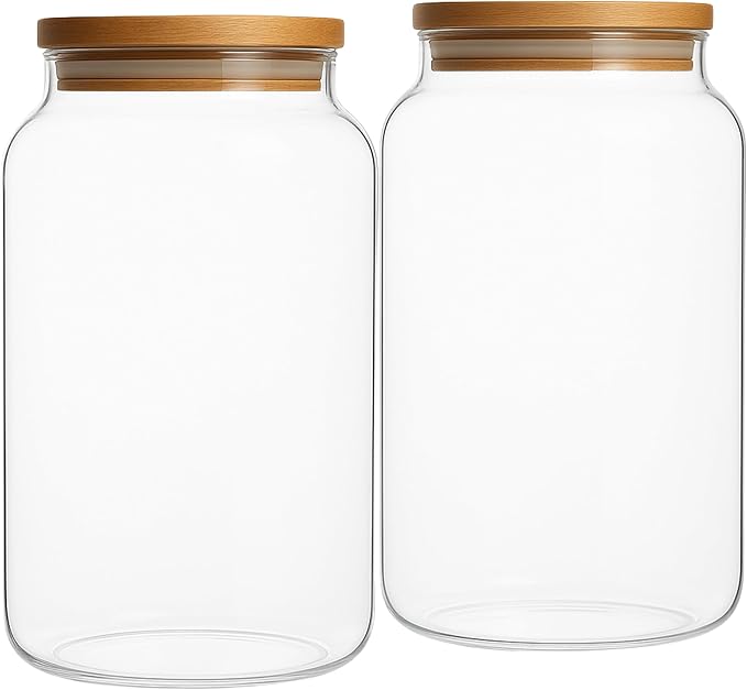 Large 1 Gallon Glass Large Jar with Airtight Bamboo Lid - High Borosilicate Canister for Kitchen Food Storage Organizing, Terrarium, Pantry Decorative Container & Laundry Room - Pack of 2