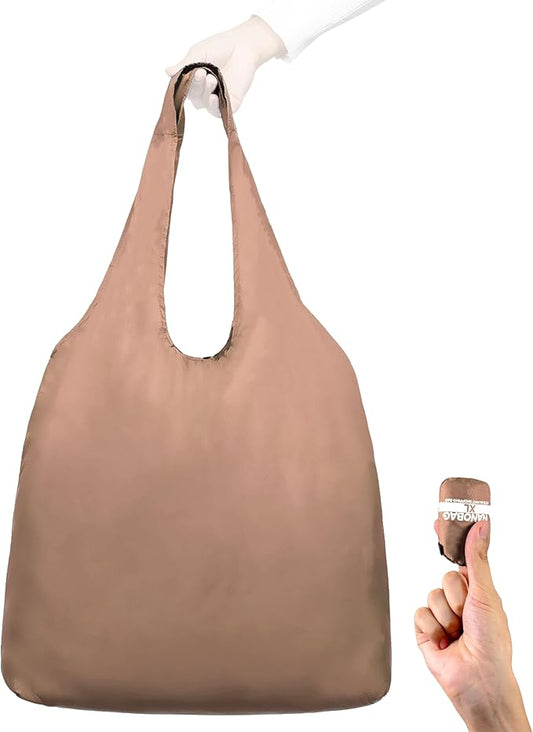 Nanobag Ultra-Lightweight Heavy Duty Foldable Tote for Women & Men, Reusable Grocery & Travel Bag, Packable Collapsible Compact Market Essential (XL Mocha)