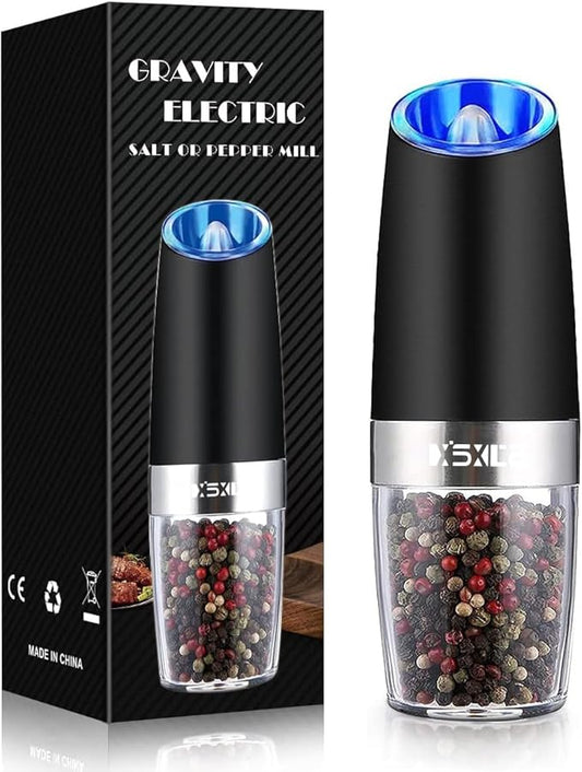 Gravity Electric Pepper/Salt Grinder, Salt or Pepper Mill & Adjustable Coarseness, Battery Powered with LED Light, One Hand Automatic Operation - Single/Black