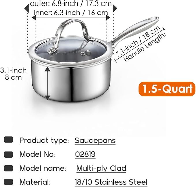 Cooks Standard Stainless Steel Saucepan with Lid, Multi-Ply Clad Sauce Pot 1.5-Quart, Silver