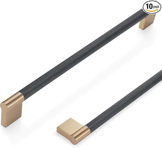 10 Pack 12-5/8 inch(320mm) Black and Antique Brass Kitchen Cabinet Handles Knurled Cabinet Pulls Black Drawer Pulls Kitchen Cabinet Hardware Kitchen Handles