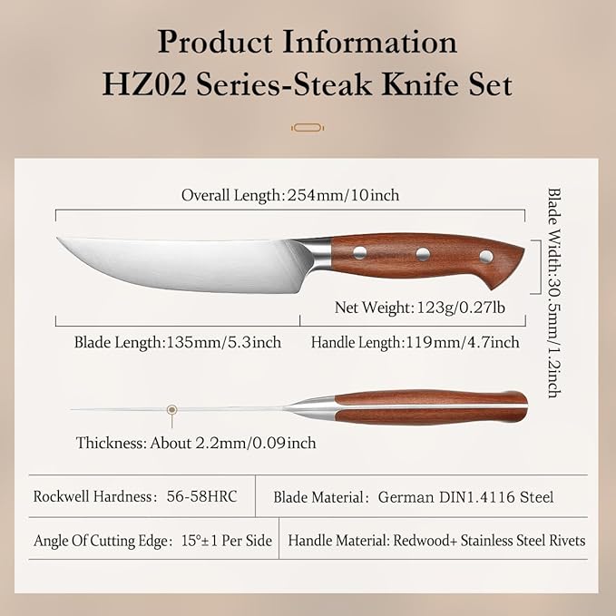 HEZHEN 5.3 Inch Steak Knives, Non Serrated Steak Knife Set of 4, German Steel Steak Knife Set,Professional Straight Sharp Edge Knives - Full Tang Ergonomic Handle