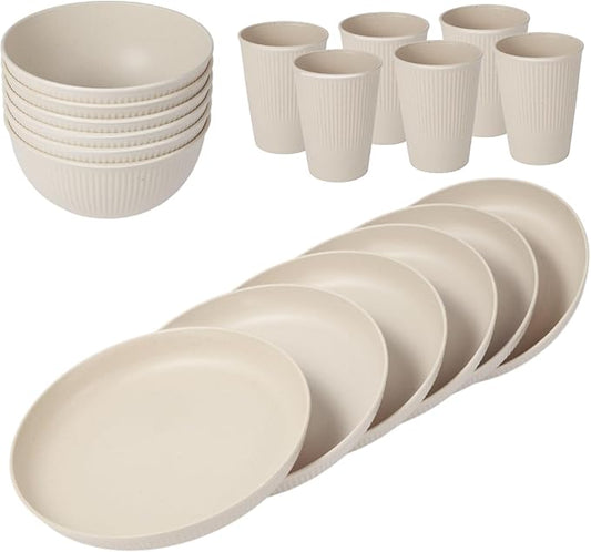18pcs Wheat Straw Dinnerware Sets, Unbreakable dish Set Reusable Plates, Bowls, and Cups Set dishes Dishwasher Microwave Safe for Kitchen Outdoor Travel Camping (Beige)