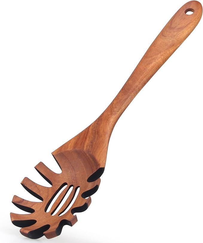 Wooden Pasta Spoon with Teeth Spaghetti Fork Tongs 12.5 Inch Pasta Forks Serving Utensils Acacia Wood Spaghetti Server Spoons Ladle Pastas Spatula Kitchen Tool Spaghettis Scoop Strainer Noodle Spoon