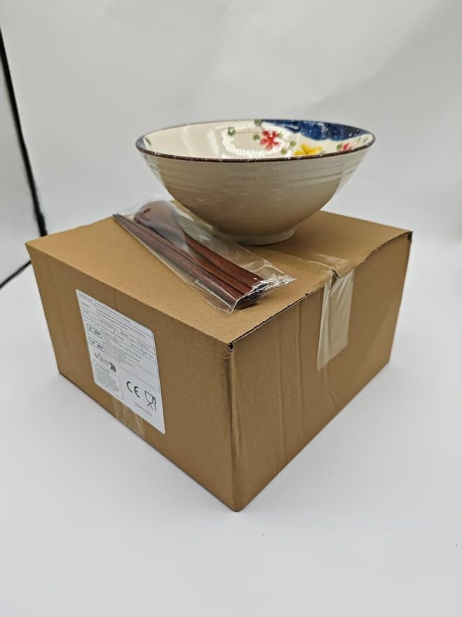 40 OZ ceramic ramen bowls, 8 IN large Japanese noodle soup bowl, match chopsticks and spoons, suitable for Pho, Udon Asian noodles (Colorful flowers)