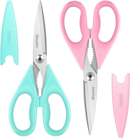 iBayam Kitchen Scissors - All Purpose Heavy Duty Meat Scissors, Poultry Shears, Dishwasher Safe, Stainless Steel, 2-Pack, Pastel Pink, Mint Blue