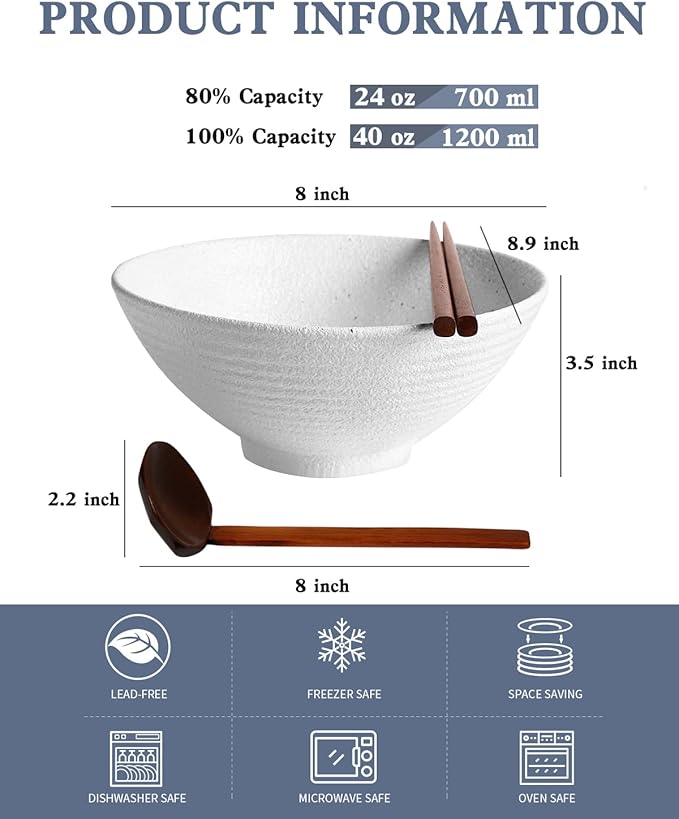 Kanwone Ceramic Japanese Ramen Bowl Set, Noodle Soup Bowls - 37 Ounce, with Matching Spoons and Chopsticks for Udon Soba Pho Asian Noodles, Set of 2, White
