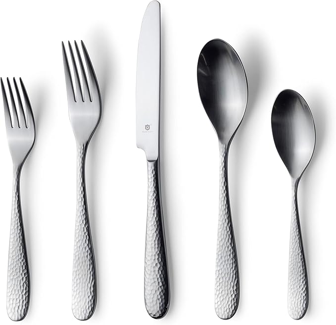 Matte Silverware Set, 18/10 Stainless Steel Satin Flatware, Modern Brushed Finish Cutlery, Dishwasher Safe & Durable, Built to Last (40-Piece, Fidenza Hammered)
