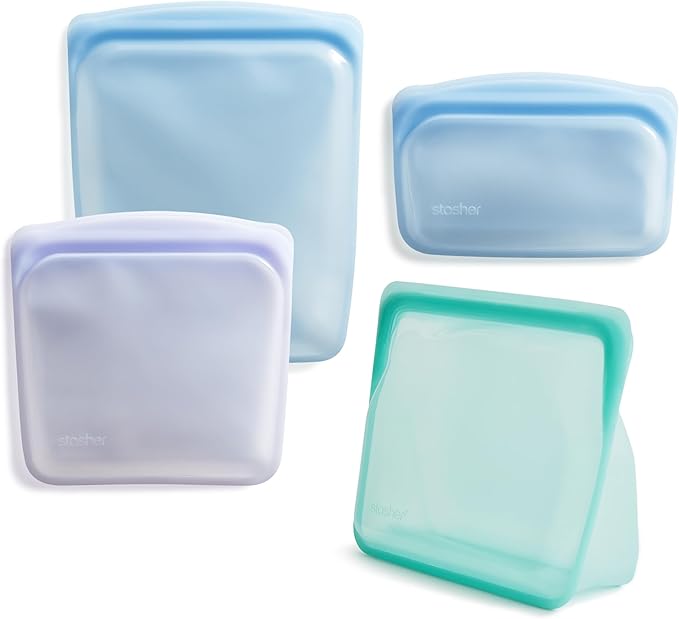 Stasher Premium Silicone Reusable Food Storage Bags, 4-Pack, Multi, Multi-Use Food Storage Bags, Lunch Bag, Travel Containers, BPA Free, Leak-free, Dishwasher-Safe, Eco-friendly
