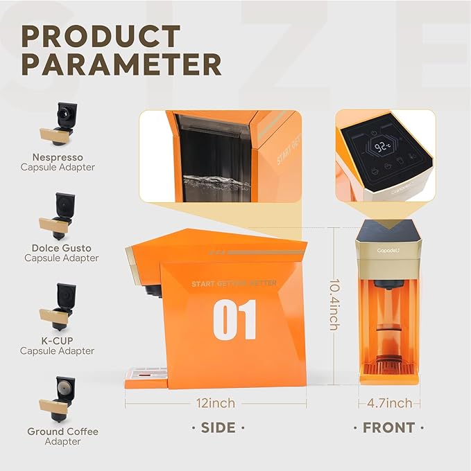 BENFUCHEN 4 in1 Single Serve Coffee Maker, 19 Bar Espresso Maker Coffee Machine For KCup/Nespresso OriginalLine Capsules/Dolce Gusto/Ground Coffee, Vibrant Orange