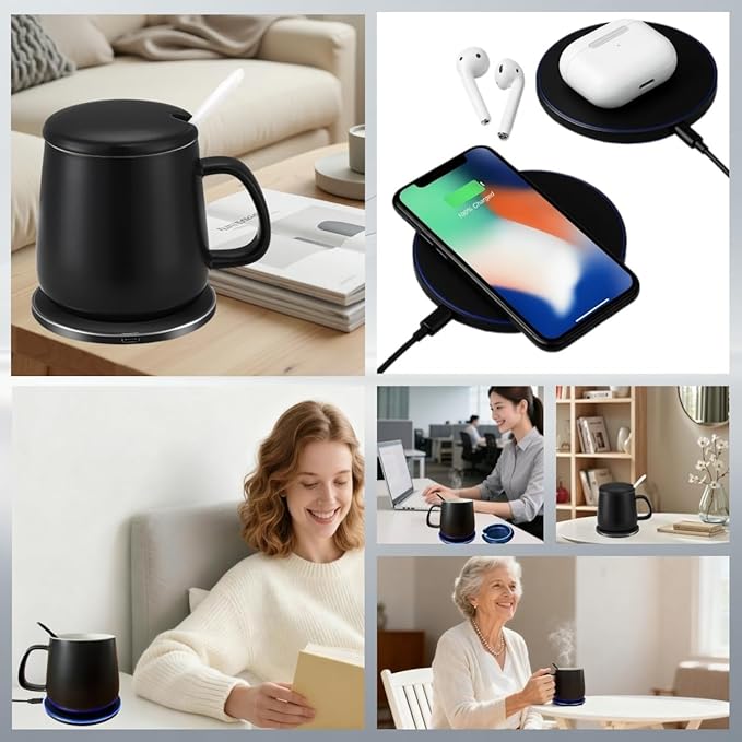 Smart Temperature Control Mug, 13 Oz Premium Ceramic Coffee Cup with 15W Wireless Charger, Charges Phones, Matte Black