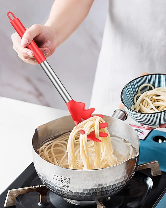 Pack of 2 Silicone Pasta Fork, Kitchen Heat Resistant Noodle Spoon Server, BPA Free Spaghetti Strainer, Best Cooking Tools (BLACK-RED)