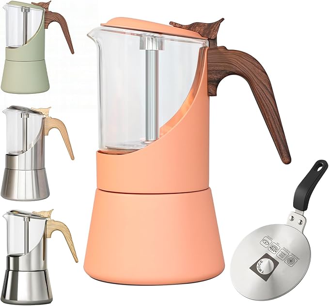 Glass Moka Pot for Stovetop & Induction - Italian Espresso Maker with Wood Handle & Leak-Proof Design - Comes with Induction Heat Diffuser Plate (6 Cup, Pale orange 240ml)