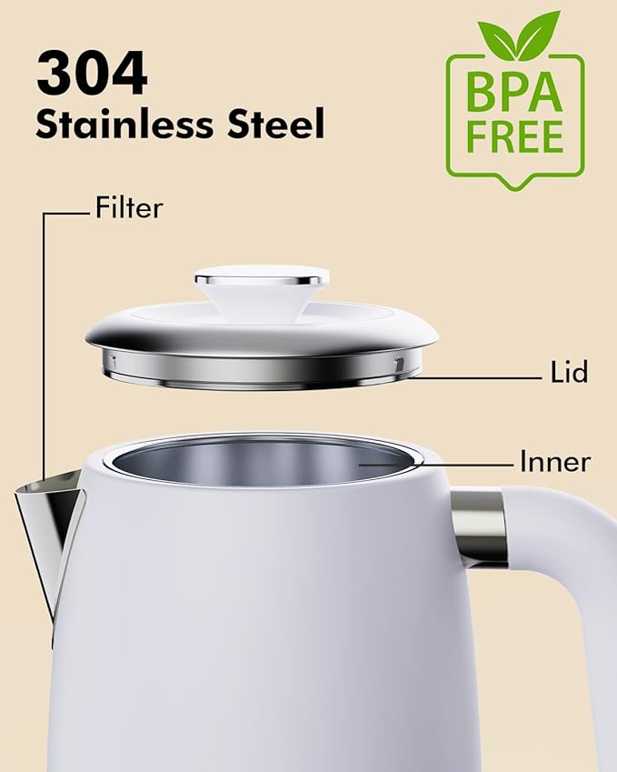 LONGDEEM 1L Small Electric Kettles Stainless Steel, Portable Travel Mini Hot Water Boiler Heater, Cool Touch Teapot, Auto Shut-Off & Boil-Dry Protection for Cooking, Business Trip and More, White