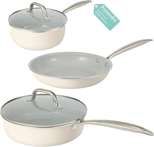 5PC Induction Cookware Set with Tempered Glass Lids, Ultra Nonstick Pots and Pans Set with Stainless Steel Handle, Oven Safe and Dishwasher Safe, Non Toxic & Ceramic Cooking Set, Cream White