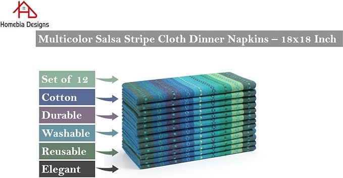 Multi Color Cotton Hemstich Napkin, Decorative Cocktail Machine Washable Dinner Napkin with Mitered Corner for Wedding Christmas Everyday Use - Pack of 12-18x18 Inch - Green Blue Multi