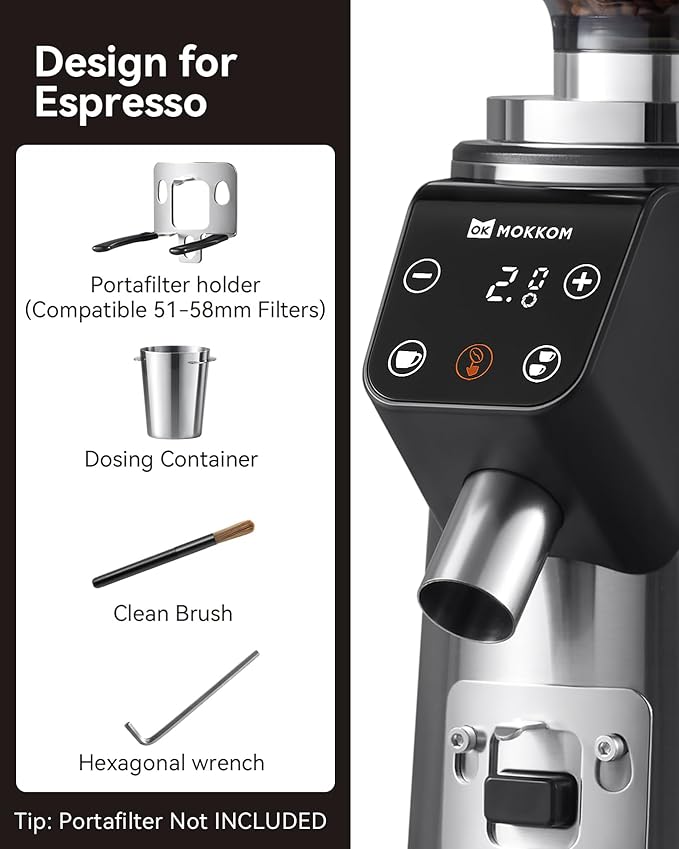 MOKKOM Professional 64mm Flat Burr Coffee Grinder with 100 Grind Settings, All-Metal Stainless Steel Body, Coffee Bean Grinder with Adjustable Electronic Timer, Anti-Static, LED Display