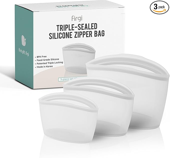 Reusable Silicone Food Storage Bags 3Set Airtight food Storage Containers Food Grade Silicone Snack Bags, BPA Free Food Storage Container, Microwave Safe, Sous Vide Container, White, 17oz+29oz+51oz