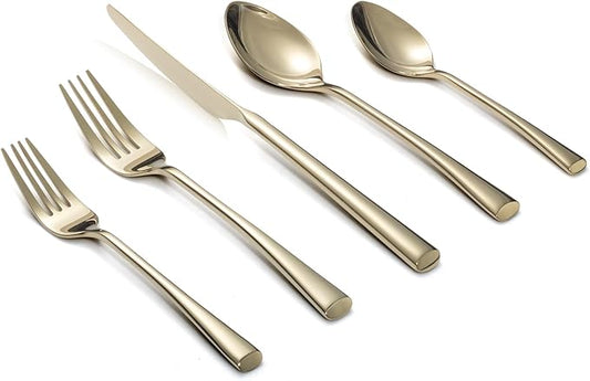 Alata Bailey Champagne Gold 20-Piece Forged Stainless Steel Flatware Set Cutlery Set, Service for 4, Silver Finish, Dishwasher Safe