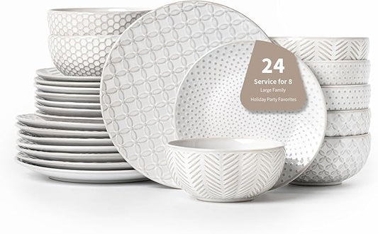 24 Piece Dinnerware Sets for 8, Premium Stoneware Plates and Bowls Sets, Microwave & Dishwasher Safe, Elegant Dishes for Entertaining & Special Occasions – A Stunning Gift for Large Families