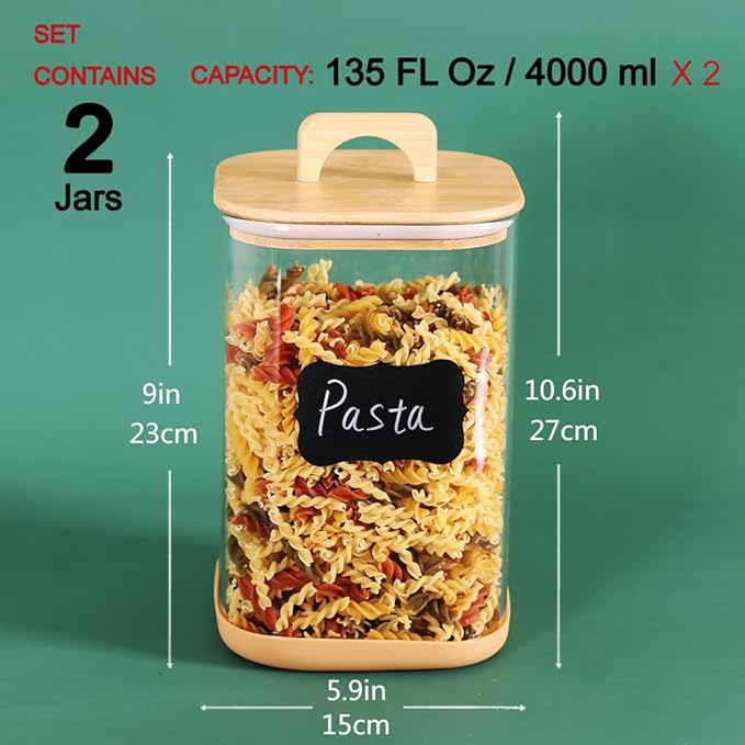 2 Pack 135 oz Glass Food Storage Containers, 1 Gallon Glass Flour and Sugar Containers with Airtight Lids, Large Flour Container for Sugar, Ground Coffee, Rice and Dry Food