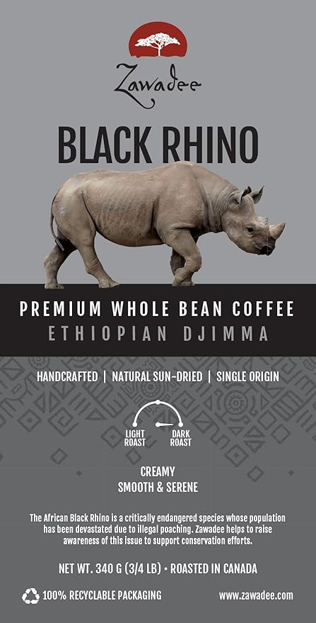 Whole Bean Coffee Black Rhino Ethiopian Djimma 3/4 lb 340 grams