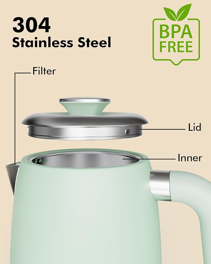 LONGDEEM 1L Small Electric Kettles Stainless Steel, Portable Travel Mini Hot Water Boiler Heater, Cool Touch Teapot, Auto Shut-Off & Boil-Dry Protection for Cooking, Business Trip and More, Green