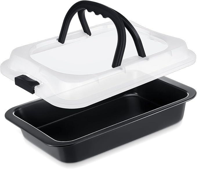 1 Pcs Cake Baking Pan with Lid and Handle, 9 x 13 Inch Non-stick Rectangle Sheet Cake Pan Carrier for Brownie Roasting Cooking Baking (Black Gray)