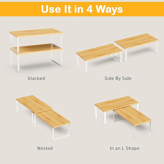 Cabinet Shelf Organizers, 15.7 inches Large Kitchen Counter Shelf, Set of 2 Wood Kitchen Pantry Organizer, Storage Shelves for Countertop, Spice Rack, Stackable, Expandable, Metal White, Nature