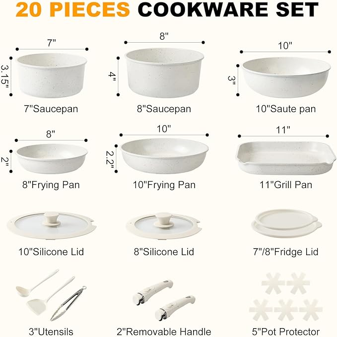 Pots and Pans Set Non Stick 20PCS, Ceramic Cookware Set Detachable Handle Non Toxic Stackable Kithchen Set, Dishwasher Oven Safe Induction Compatiable Frying Pans Pots Skillets, White