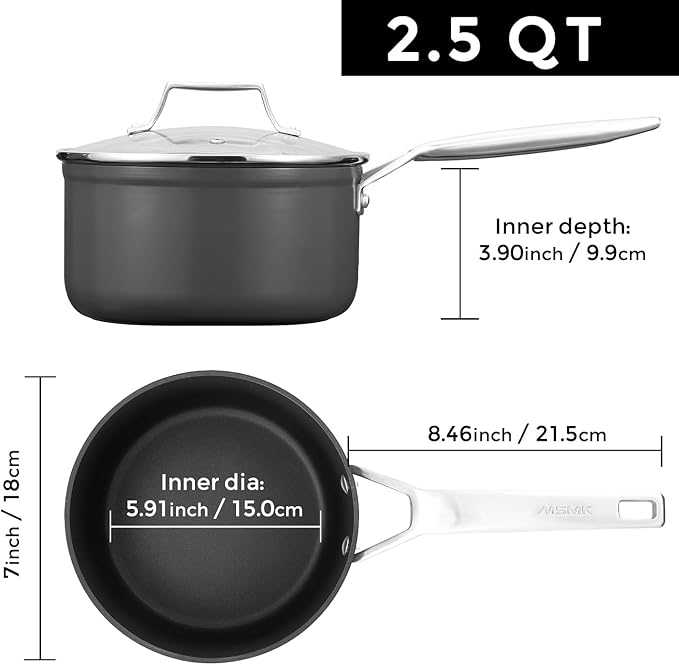 MSMK 2.5 Quart Sauce Pan with lid, Stay-Cool Handle, Burnt also Nonstick, Scratch-resistant, Induction Cooking Pot