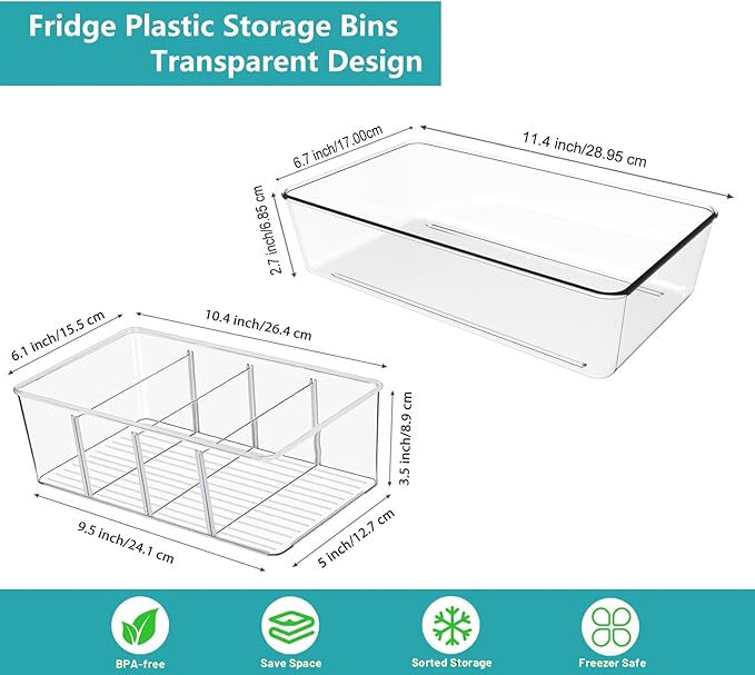 Set of 4 Clear Fridge Organizer Bins,2 Pack Stackable Refrigerator Organizer And 2 Pack Pantry Organizers and Storage with 3 Dividers,BPA-Free Spice Organization for Kitchen Cabinet