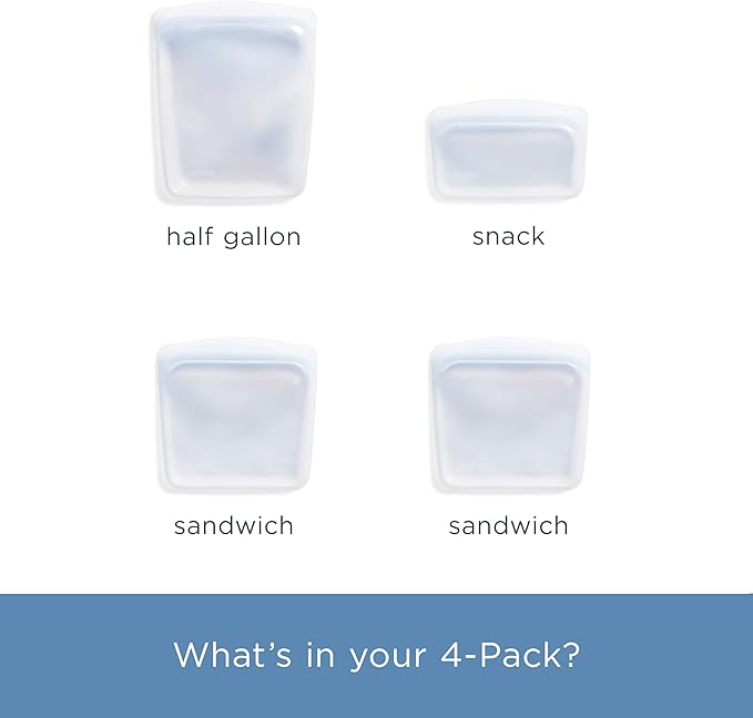 Stasher Premium Silicone Reusable Food Storage Bags, 4-Pack, Clear, Multi-Use Food Storage Bags, Lunch Bag, Travel Containers, BPA Free, Leak-free, Dishwasher-Safe, Eco-friendly