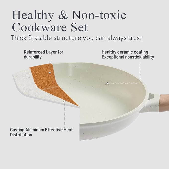 Pots and Pans Set Non Stick Non-Toxic 22 Pcs Ceramic Cookware Sets Nonstick Kitchen Pot&Pan With Lid Cream White Granite Induction Compatible with Glass Lids Crepe Frying Pan PFOA/PFOS-Free