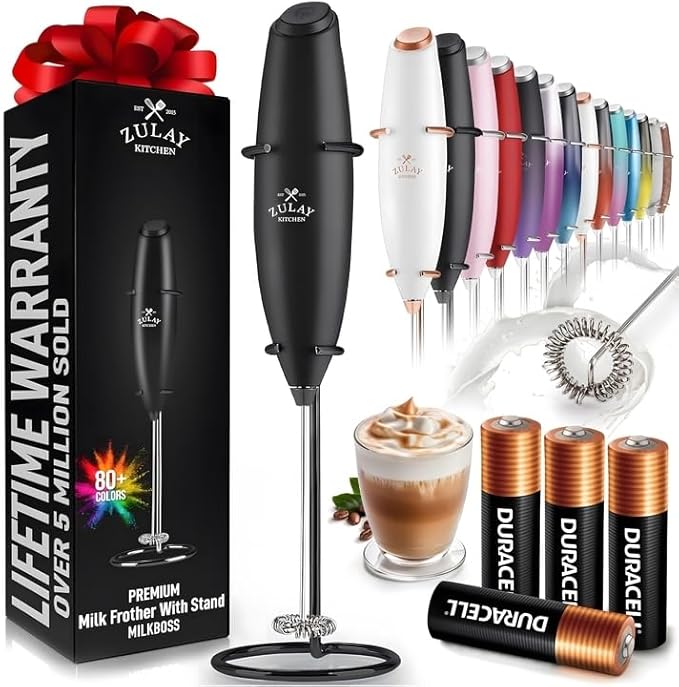 Zulay Kitchen Powerful Milk Frother Wand With 4 AA Duracell Batteries - Ultra Fast Handheld Drink Mixer - Electric Whisk Foam Maker for Coffee, Lattes, Cappuccino, Matcha & Creamer -