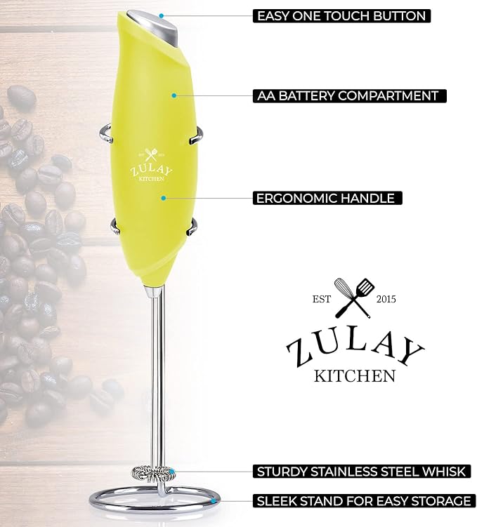 Zulay Kitchen Premium One-Touch Milk Frother for Coffee - Easy-Use Frother Handheld Foam Maker - Electric Whisk Drink Mixer for Cappuccino, Frappe, Matcha and Hot Chocolate (Lime Green)