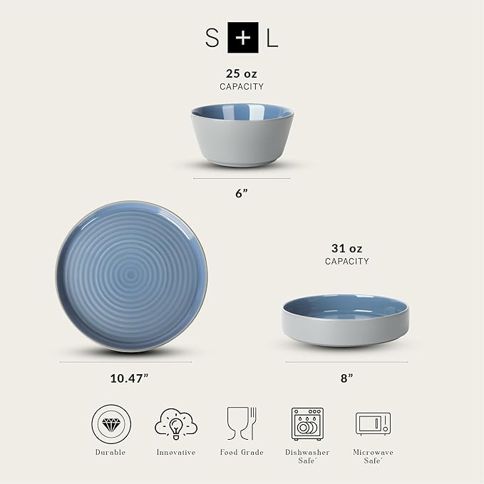 Stone Lain Elica 12-Piece Modern Dinnerware Set Stoneware, Plates and Bowl Sets for 4, Blue and Grey