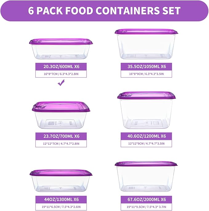 KIGI 6 PACK 20oz Plastic Food Storage Containers with Lids Airtight Rectangle Meal Prep Containers,Microwave,Freeze,Dishwasher Safe