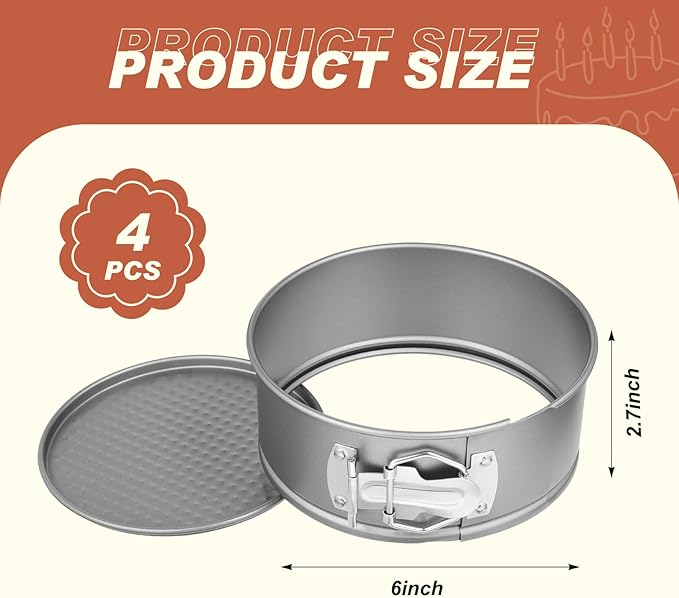 4 Pcs 6 Inch Non Stick Springform Pan with Removable Bottom Carbon Steel Round Springform Cheesecake Pan with Stainless Steel Spring Buckles for Baking Kitchens Restaurant(Gray)