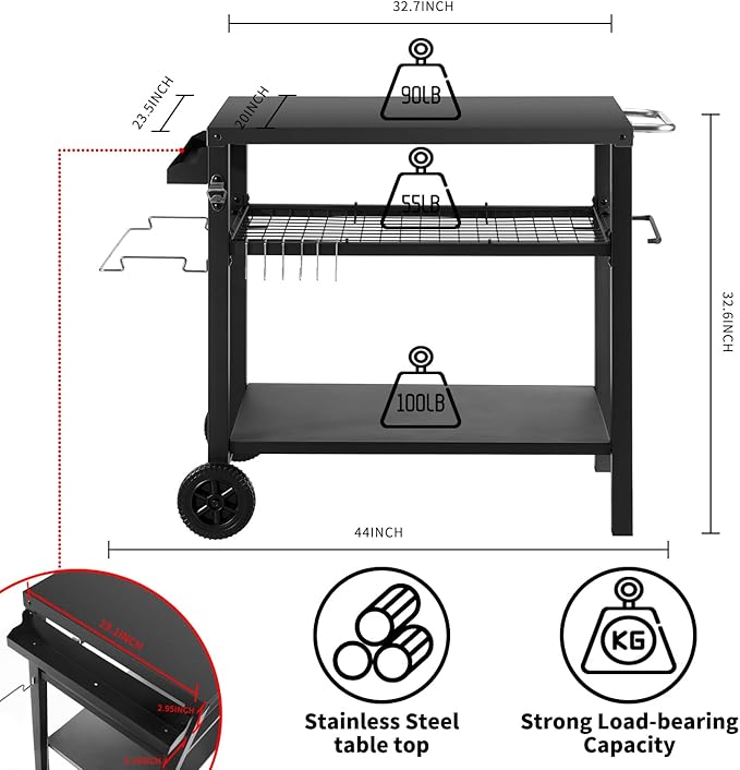 Grill Cart Table with Three Shelf, Movable Outdoor Dining Cart Pizza Oven Stand with Three Hooks, Kitchen Cart Island Multifunction Food Prep Table (Black)