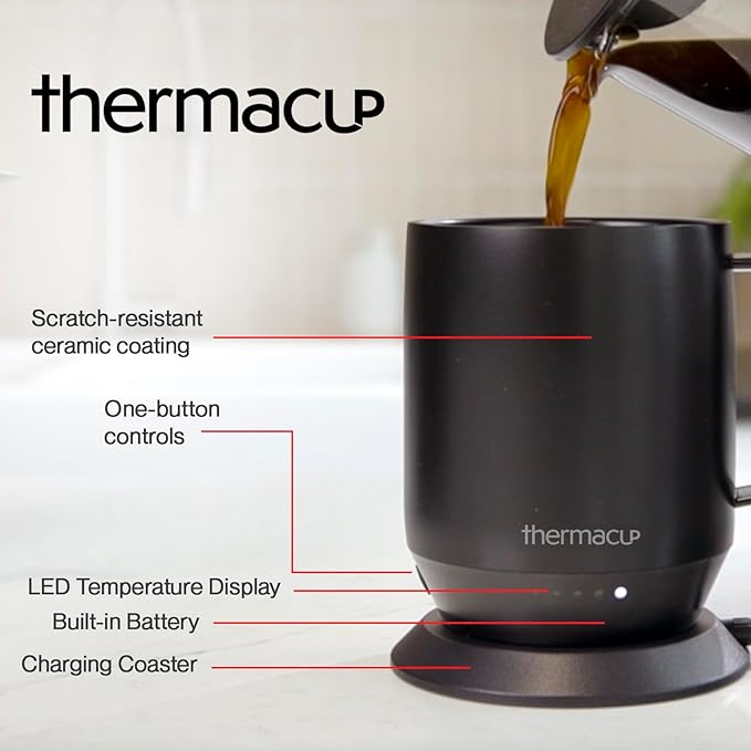 Premium Heated Coffee Mug with 5 Temperature Settings, Industry-Leading Smart Electric Cup, Up to 8-Hour Battery, 12oz with Lid (14oz Total Capacity) Midnight Black