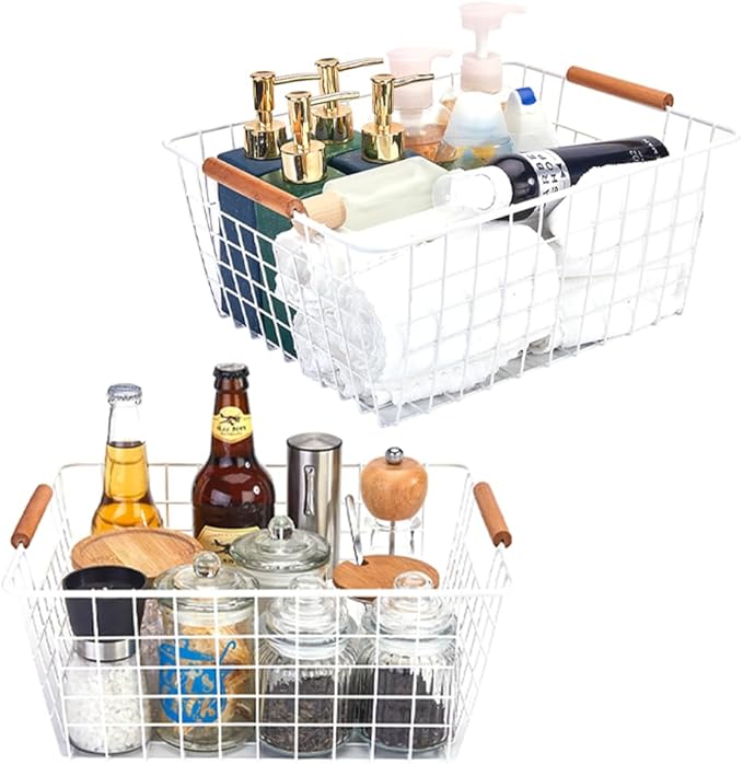 LeleCAT Large white wire baskets with Wooden Handles for storage pantry, Storage Organizer Baskets, Household Refrigerator for Cabinets, Closets, Bedrooms, kitchen - Set of 2（White）