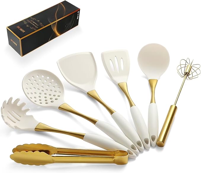 Elegant White Gold Silicone Cooking Utensils Set - Non-Toxic, Dishwasher Safe Kitchen Utensils Set with Heat Resistant Comfort Handles - Includes Spatula & Spoon for Nonstick Cookware